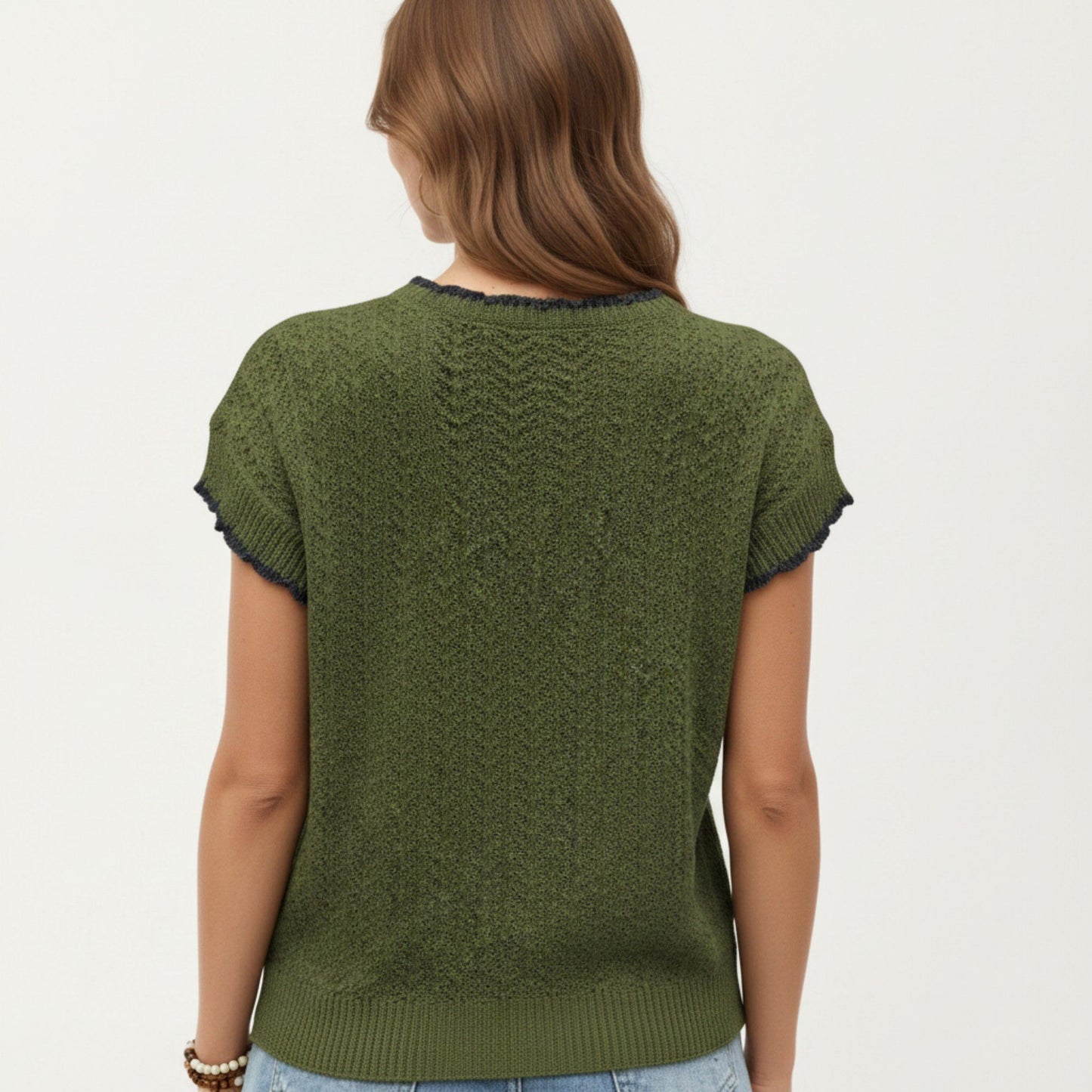 Short Sleeve Knit Cardigan Top with V-Neck Tie Front and Contrast Trim
