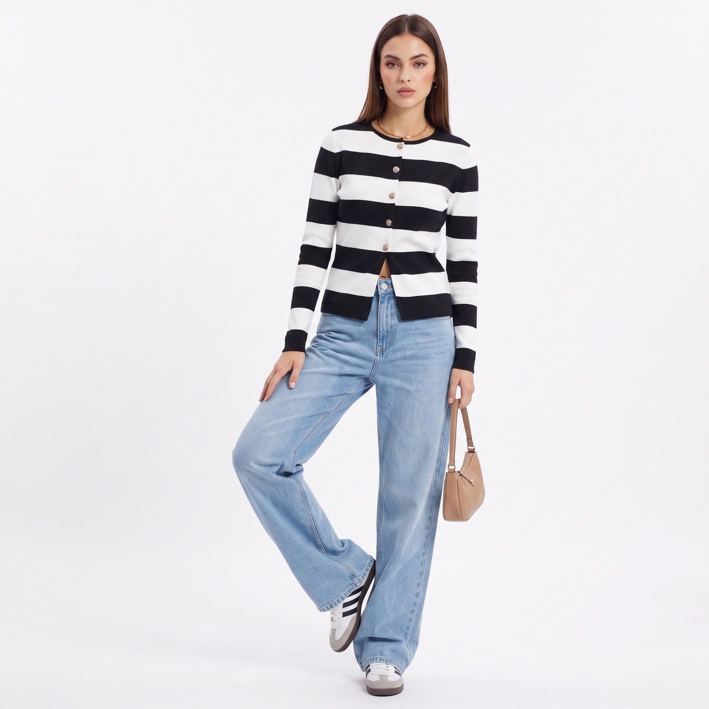 Striped Button-Down Knit Cardigan Sweater