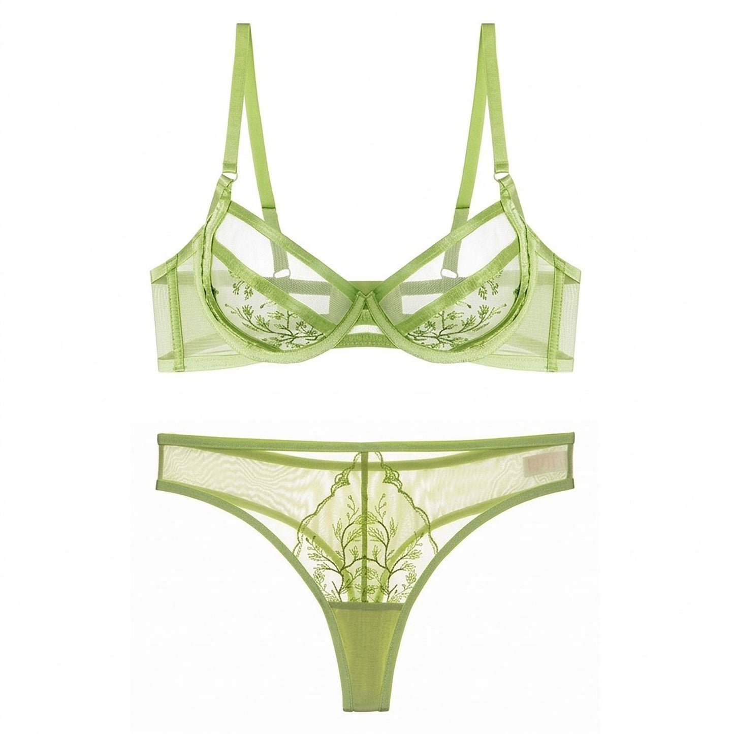 Botanical Embroidered Sheer Mesh Cutout Underwire Bra and Thong Two Piece Lingerie Set