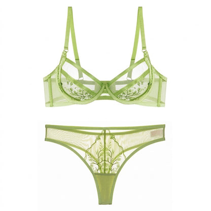 Botanical Embroidered Sheer Mesh Cutout Underwire Bra and Thong Two Piece Lingerie Set
