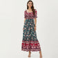 Puff Sleeve Maxi Dress with Mixed Floral Print and Border Hem
