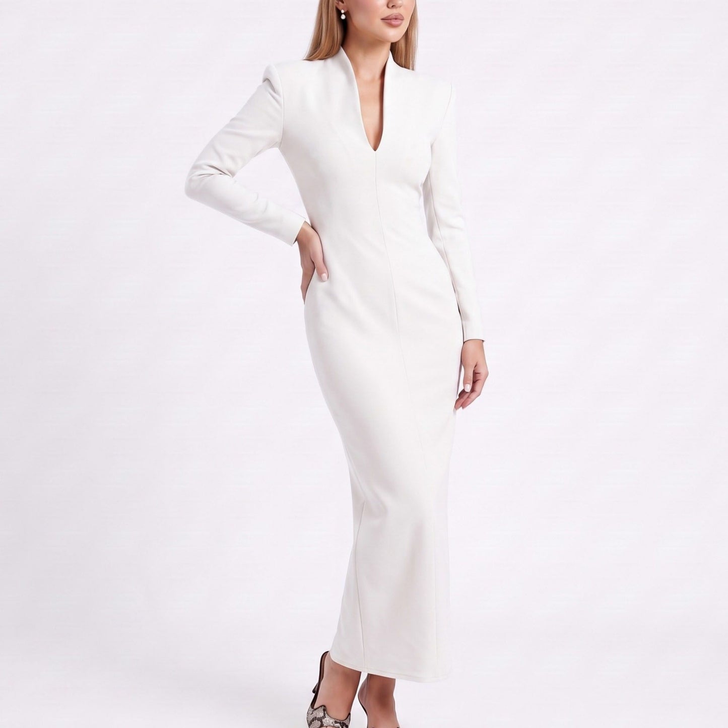 Long Sleeve Maxi Dress with Deep V Neck and Back Slit