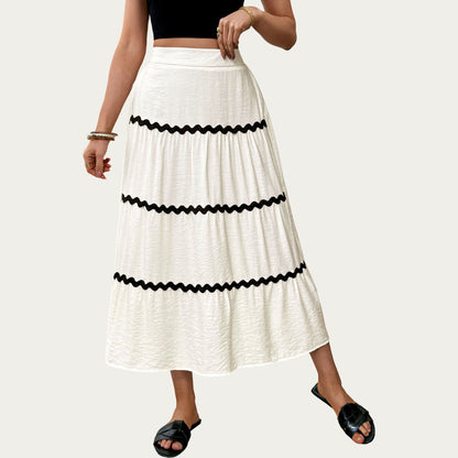 High Waist Tiered Midi Skirt with Wavy Trim Detail Flowy A-Line Silhouette Lightweight Fabric
