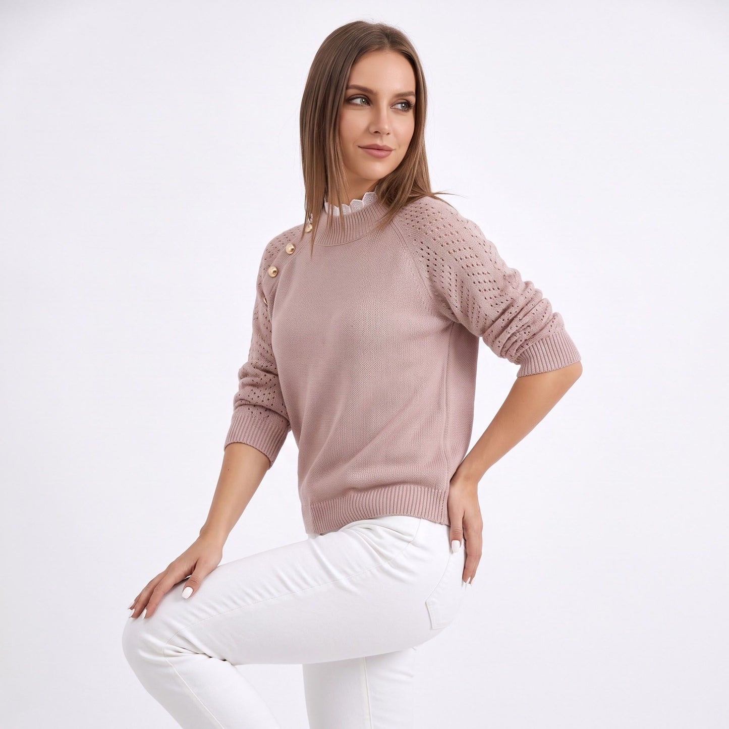 Pointelle Sleeve Mock Neck Sweater with Shoulder Buttons