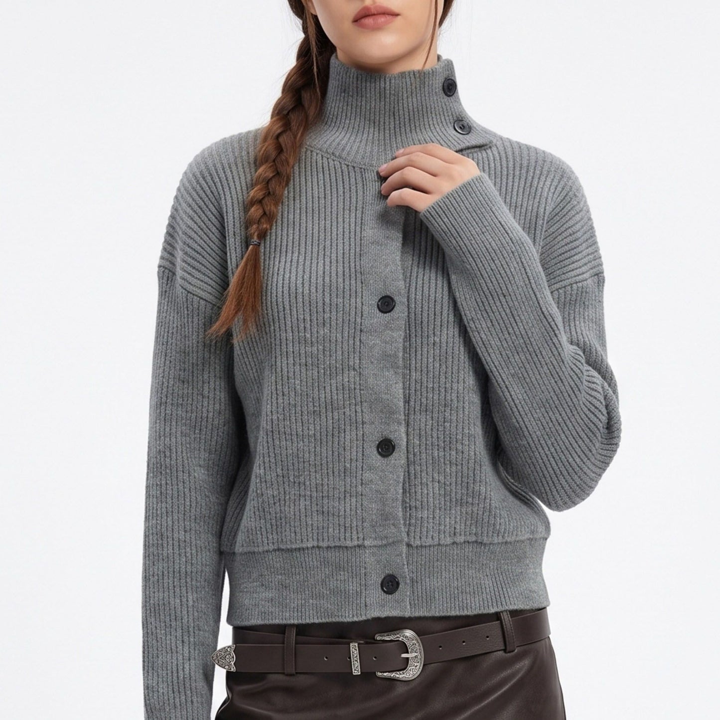 High-Neck Ribbed Button-Down Knit Cardigan Sweater