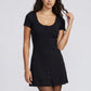 Short Sleeve Rib Knit Mini Dress with Button Front and Scoop Neck
