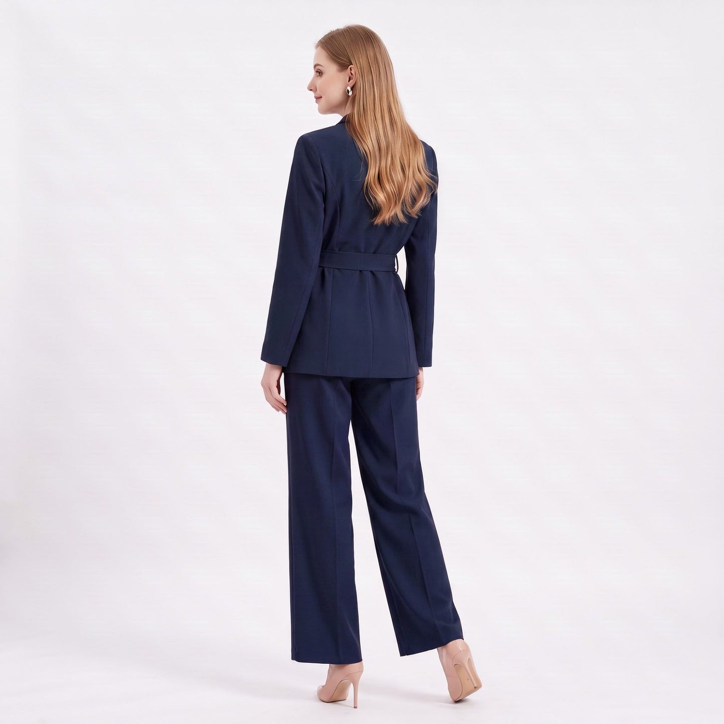 Long Sleeve Blazer and Pants Two Piece Set with Draped Scarf Detail
