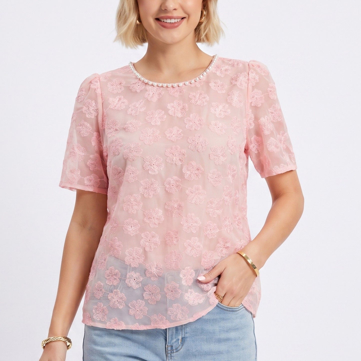 Sheer Floral Embroidered Top Pearl Neckline Short Sleeve Blouse