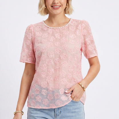 Sheer Floral Embroidered Top Pearl Neckline Short Sleeve Blouse