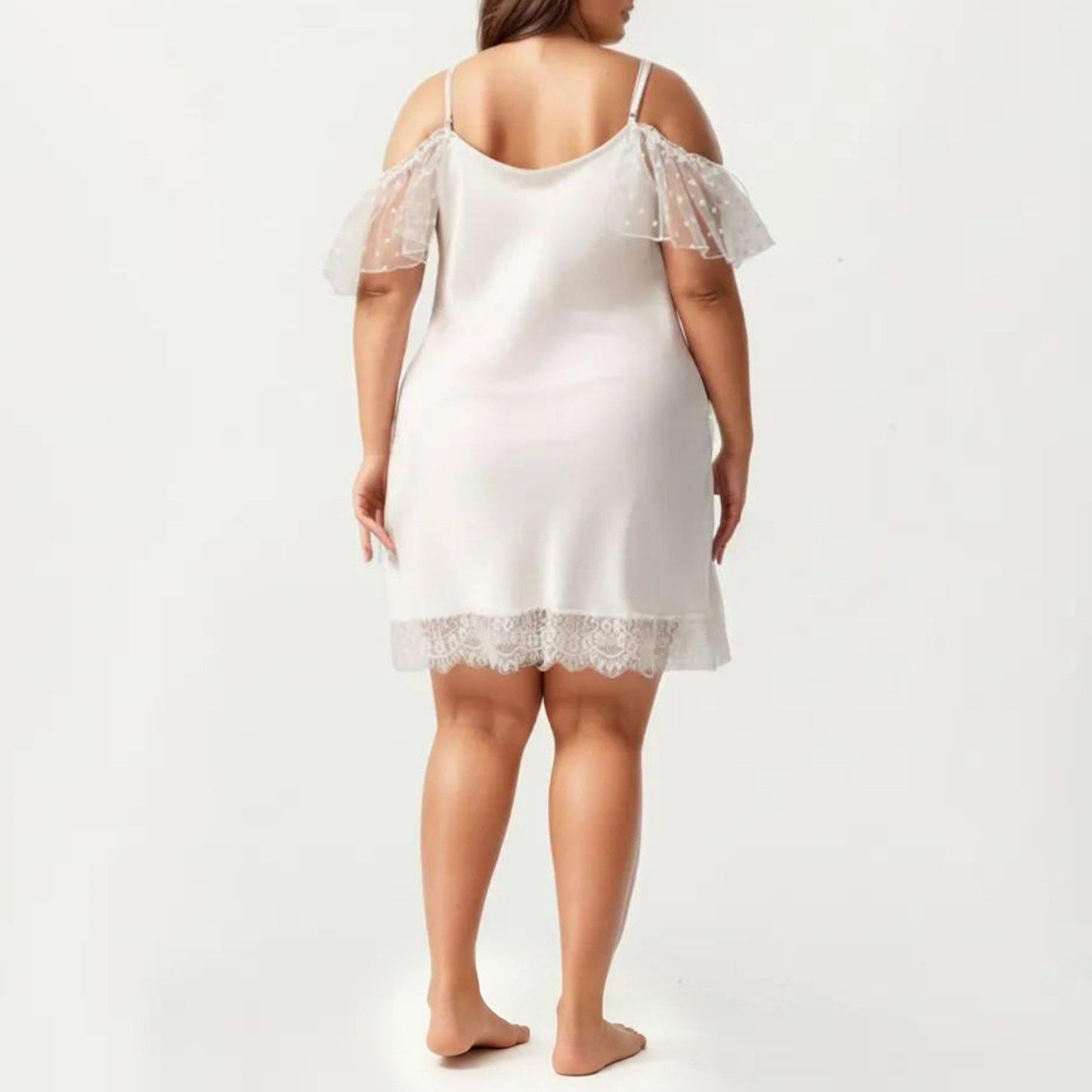 Plus Size Chiffon Chemise Ruffle Sleeve Lace Trim Nightgown Adjustable Strap Sleep Dress