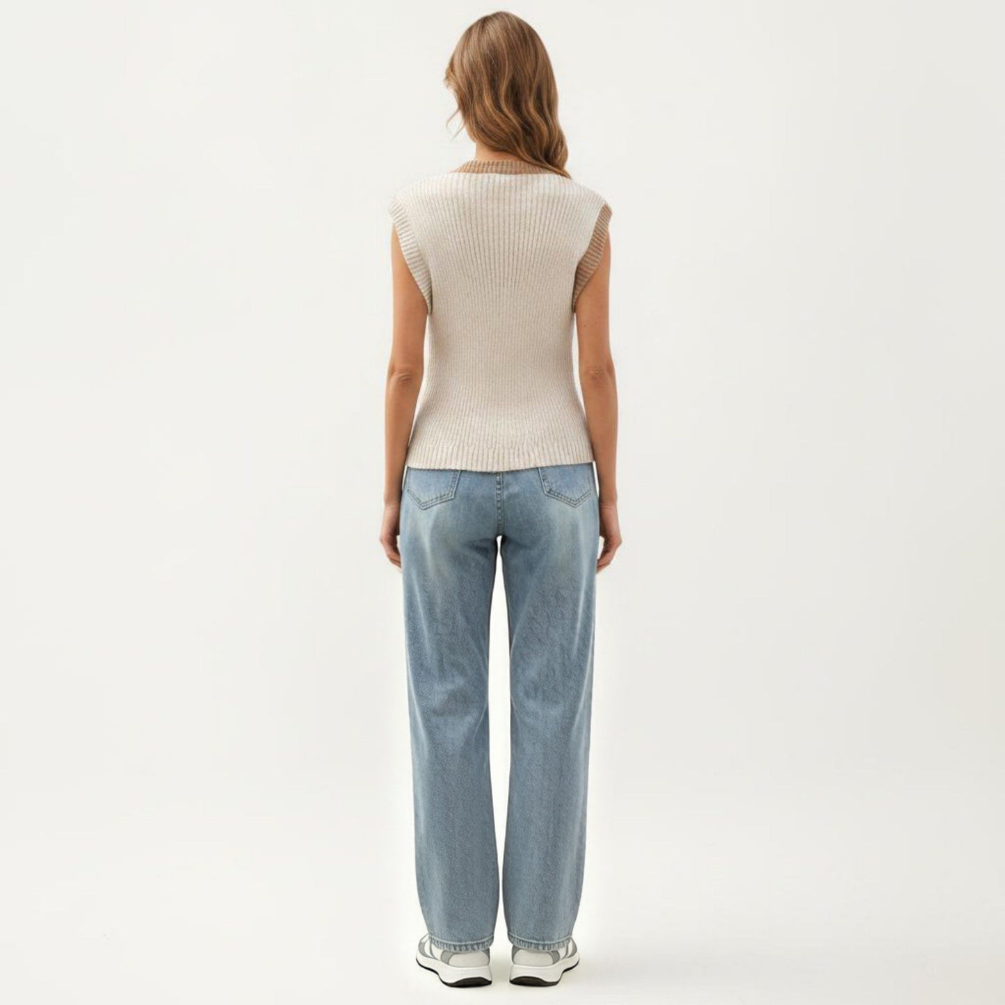Sleeveless Colorblock Knit Vest with Button Front and Ribbed Trim