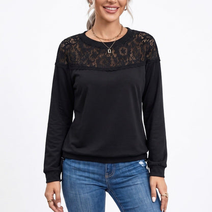 Lace Yoke Long Sleeve Top Crew Neck Relaxed Fit Pullover