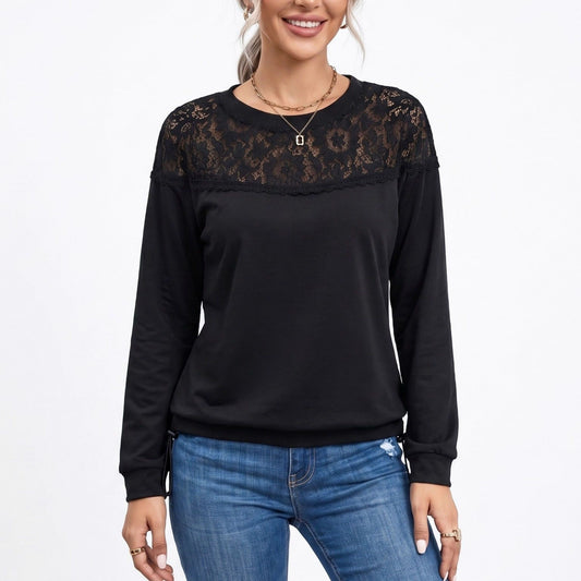 Lace Yoke Long Sleeve Top Crew Neck Relaxed Fit Pullover