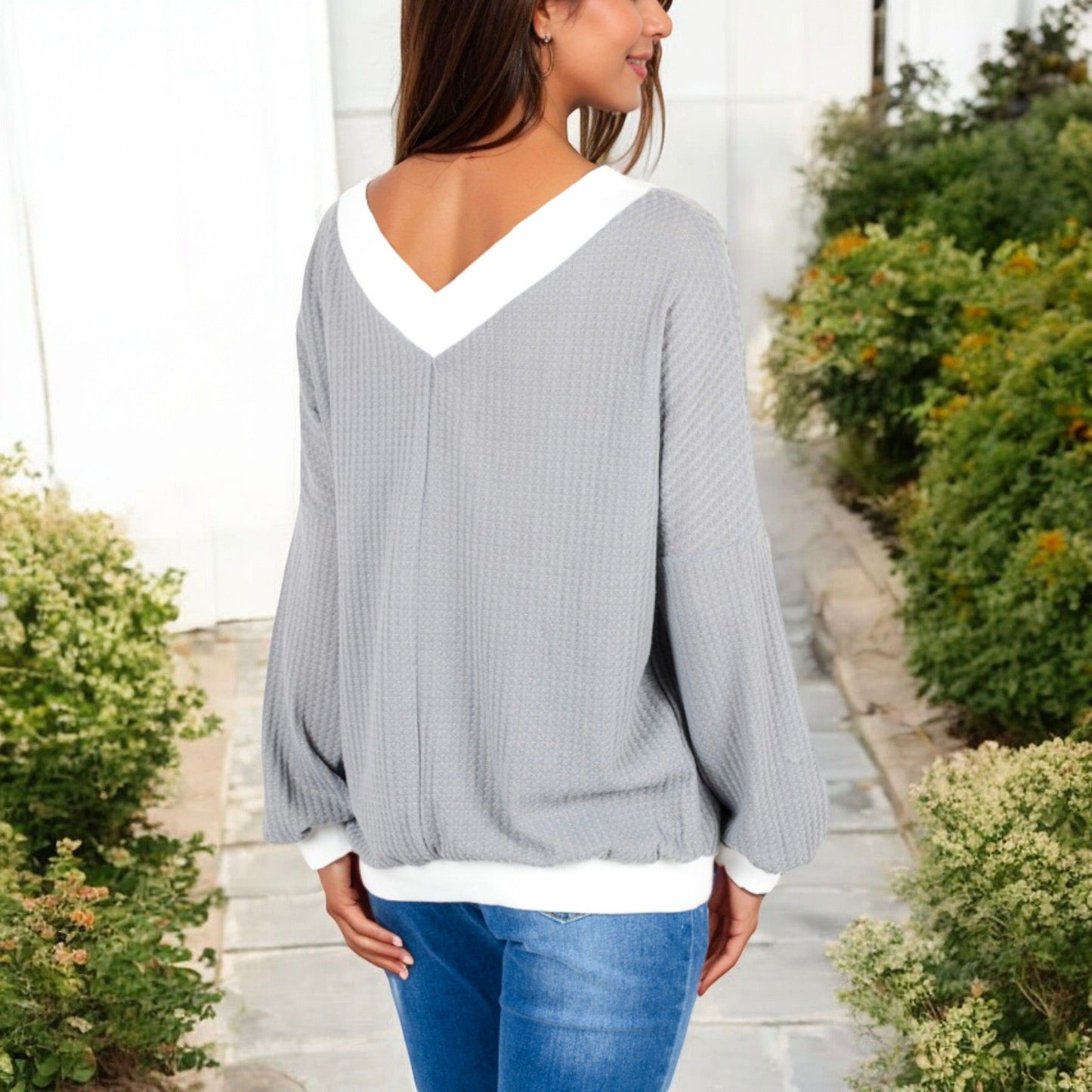 V-Neck Waffle Knit Long Sleeve Top Contrast Trim Relaxed Fit