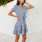 Short Sleeve V-Neck Button Front Dress Tie Waist Skirt