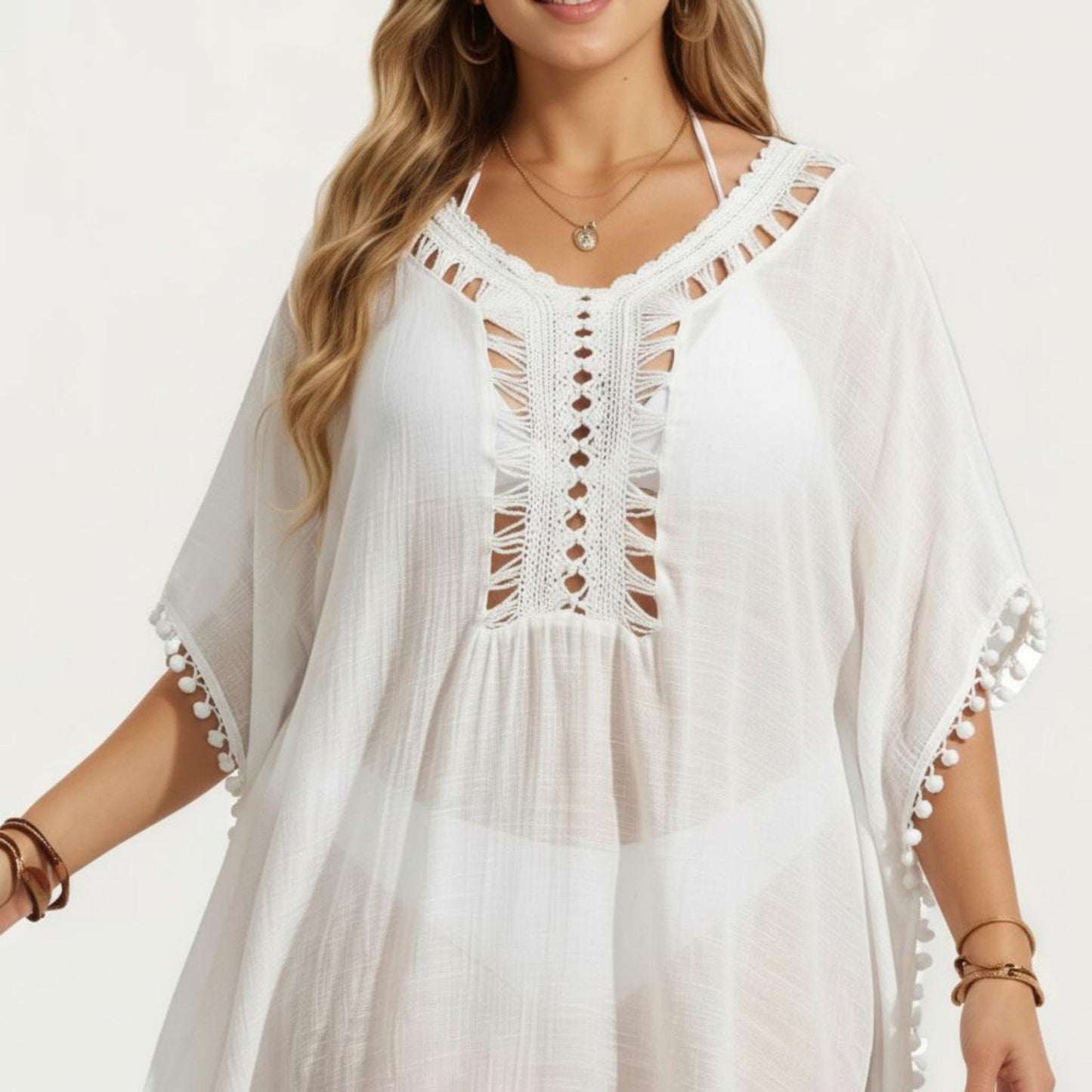 Swim Cover Up Dress with Crochet Cutout Neckline Pom Trim Hem Loose Short Sleeves Relaxed Fit
