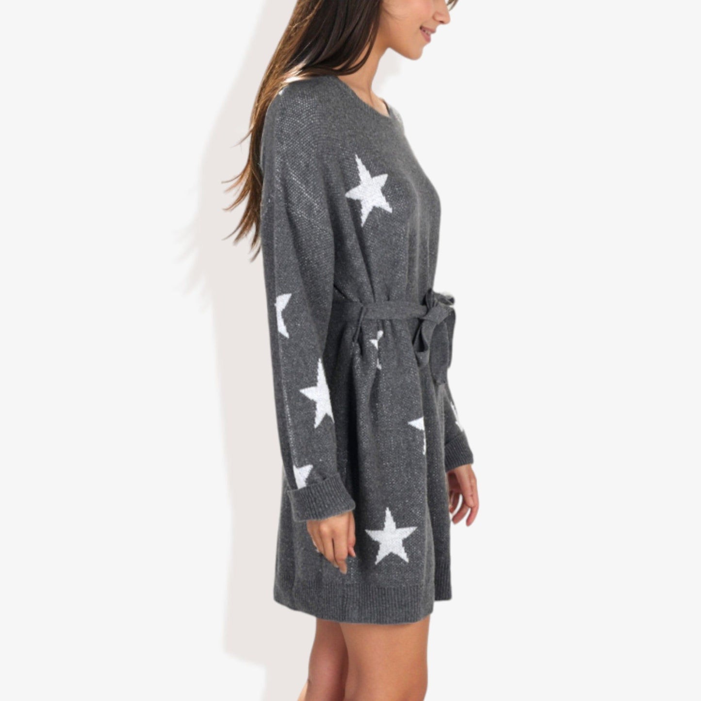 Star Knit Dolman Sleeve Belted Tunic Sweater Dress