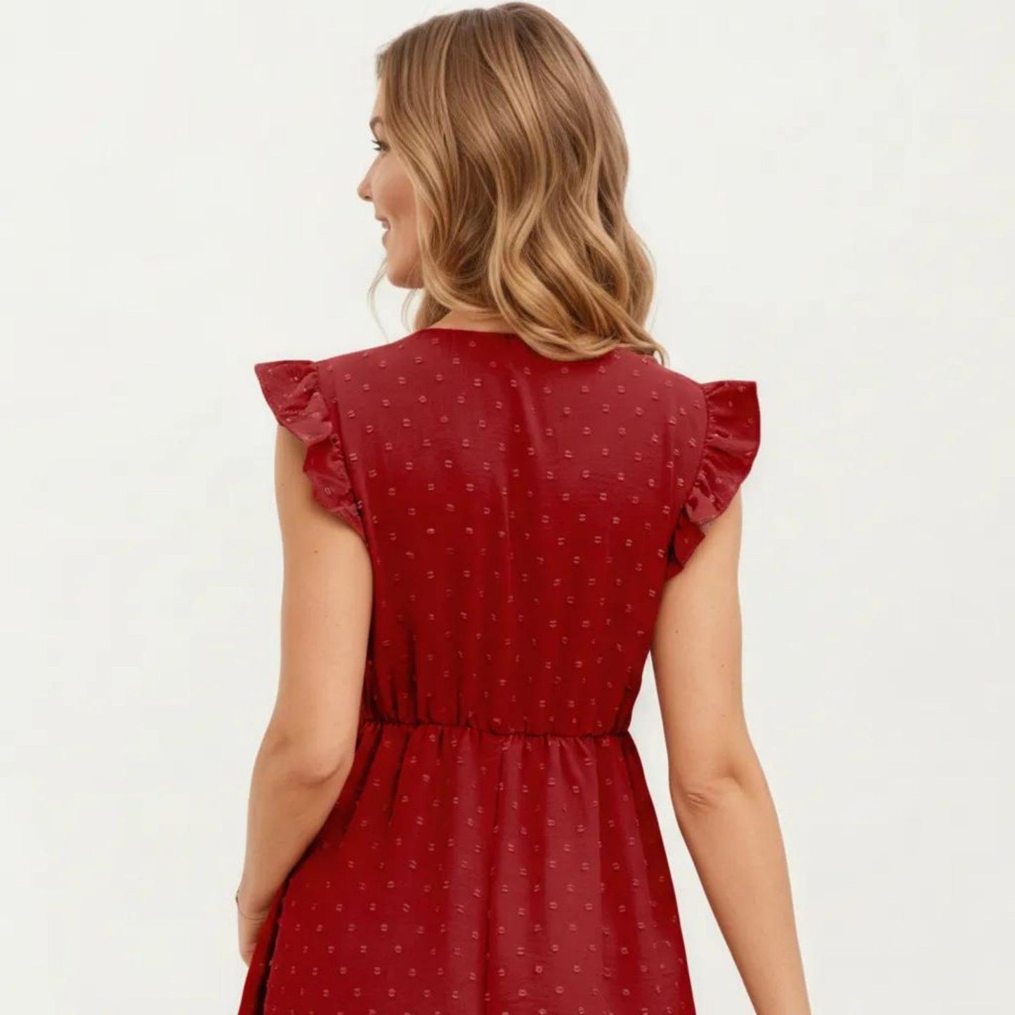 Swiss Dot Babydoll Dress with Ruffle Sleeves and V-Neckline