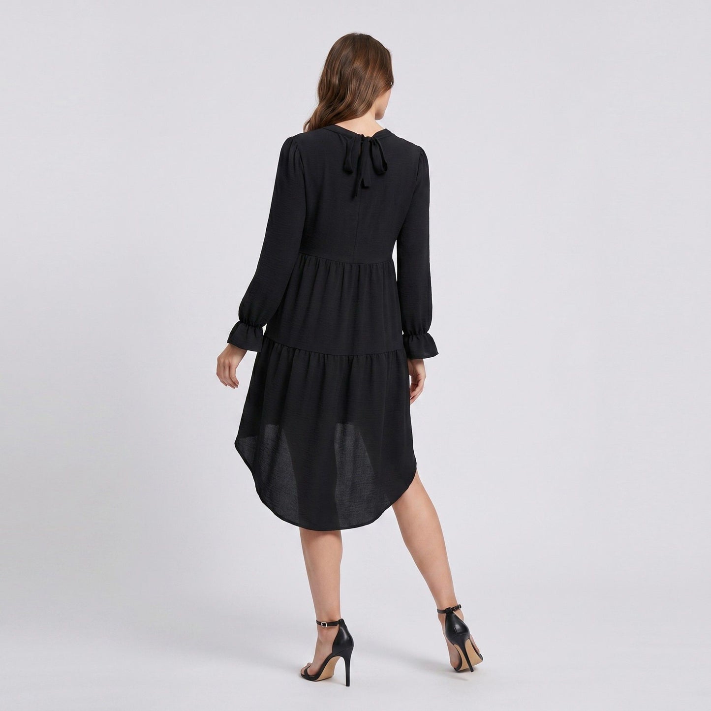 Maternity V Neck High Low Mini Dress with Long Sleeves and Tiered Hem