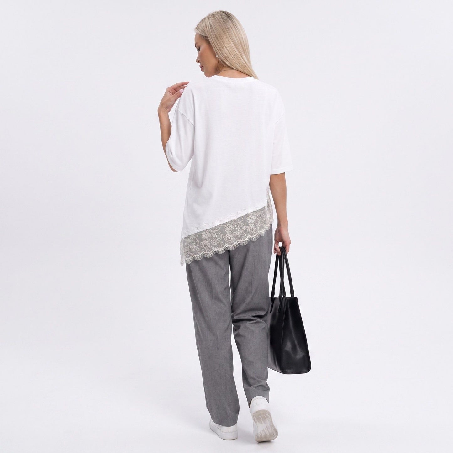 Lace Trim T-Shirt Asymmetric Hem Short Sleeve Crew Neck Top