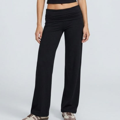 Foldover Waistband Full-Length Wide-Leg Trousers