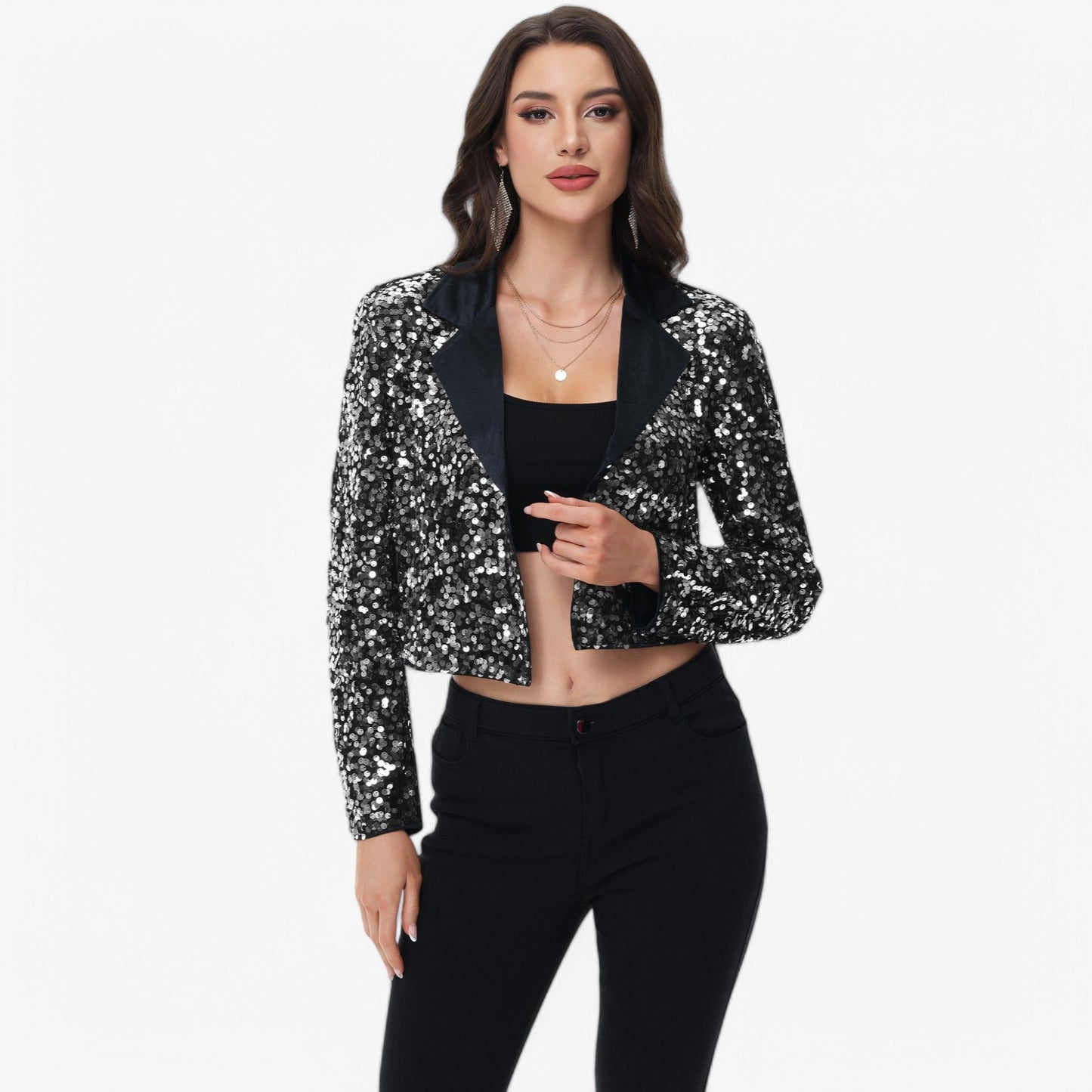 Sequin Cropped Blazer Long Sleeve Sparkly Open Front Jacket