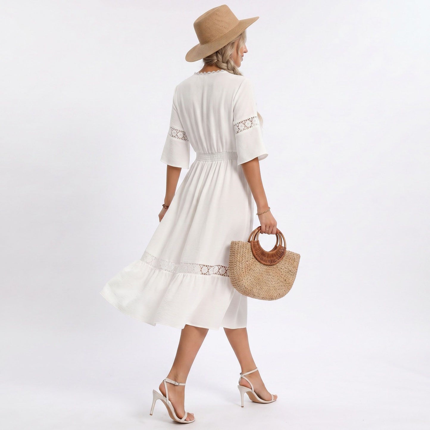 V-Neck Lace Trim Bell Sleeve Midi Dress