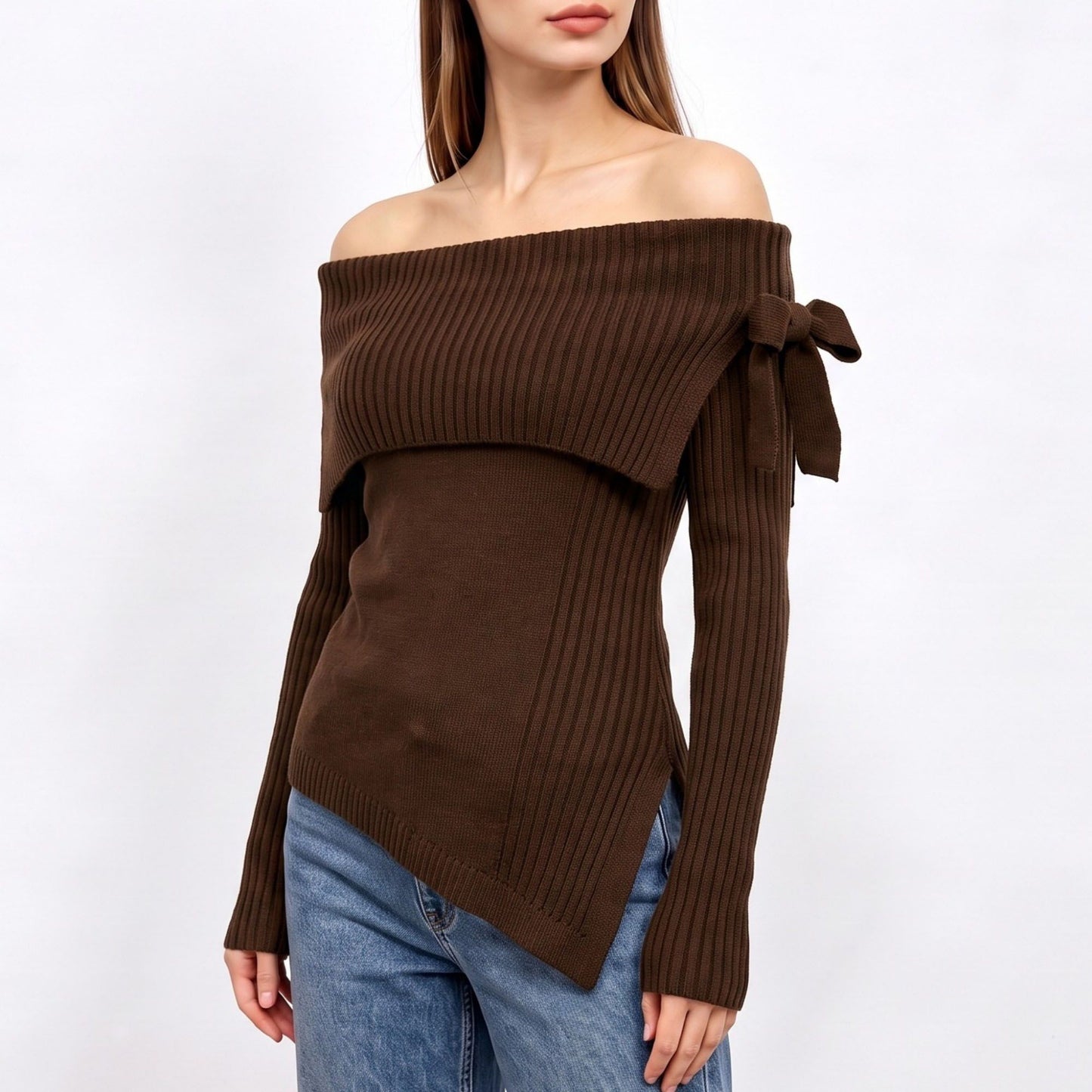 Off Shoulder Bow Asymmetrical Knit Sweater