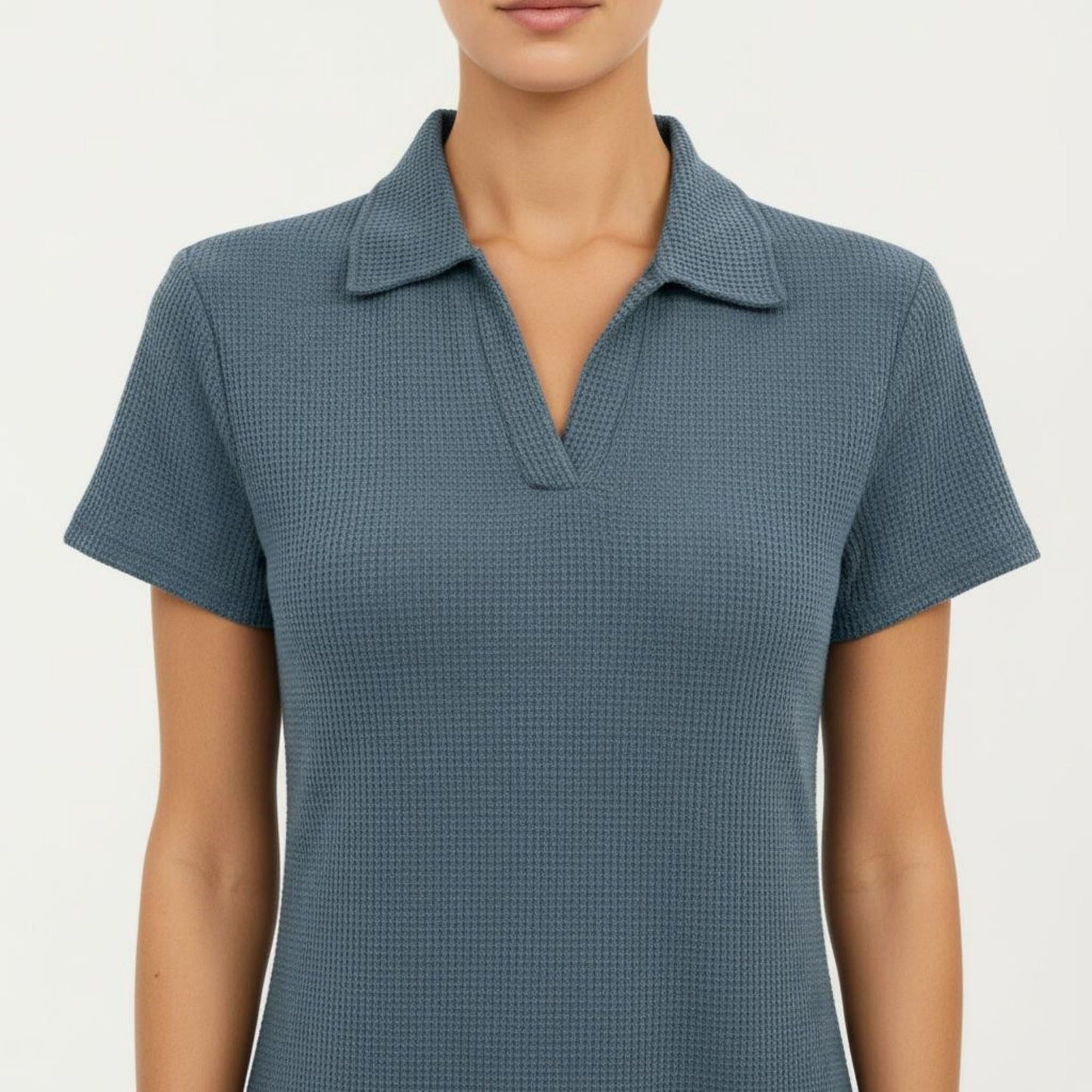 Short Sleeve Collared Mini Dress with Split V Neck Textured Knit Relaxed Fit Casual Dress