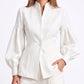 Puff Sleeve Peplum Blazer with Stand Collar and Button Front