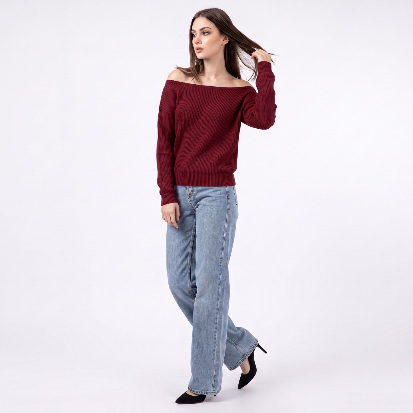 Off Shoulder Ribbed Knit Pullover Sweater