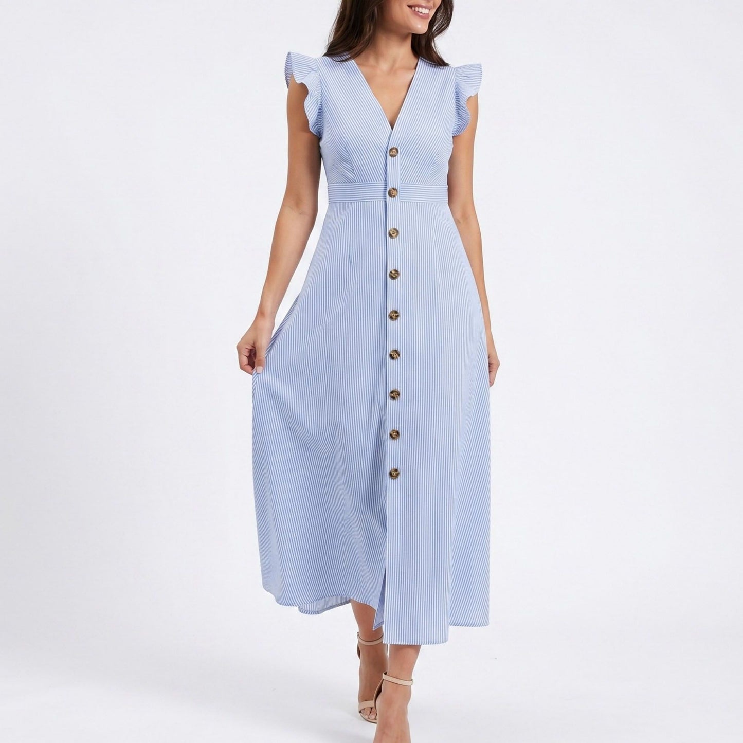 Striped Button Front Flutter Sleeve Midi Dress