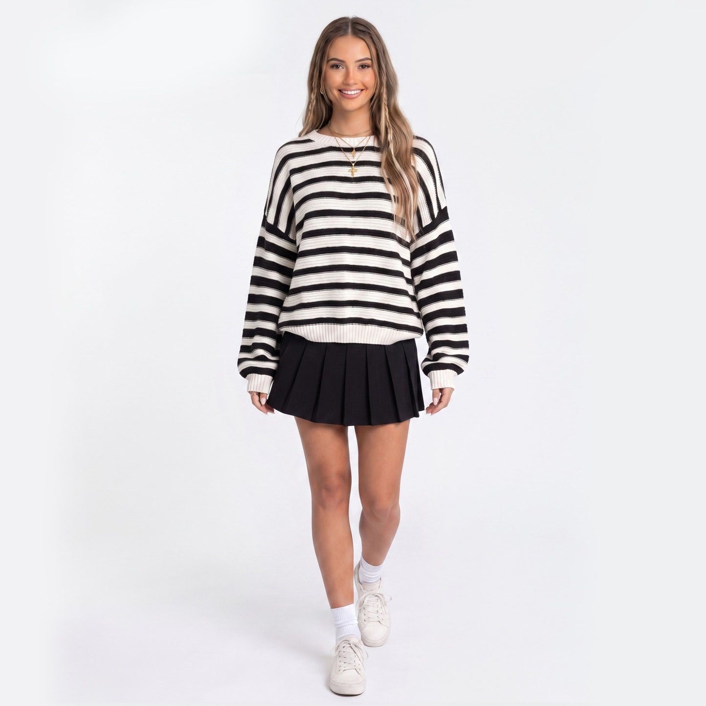Striped Crewneck Drop-Shoulder Knit Sweater