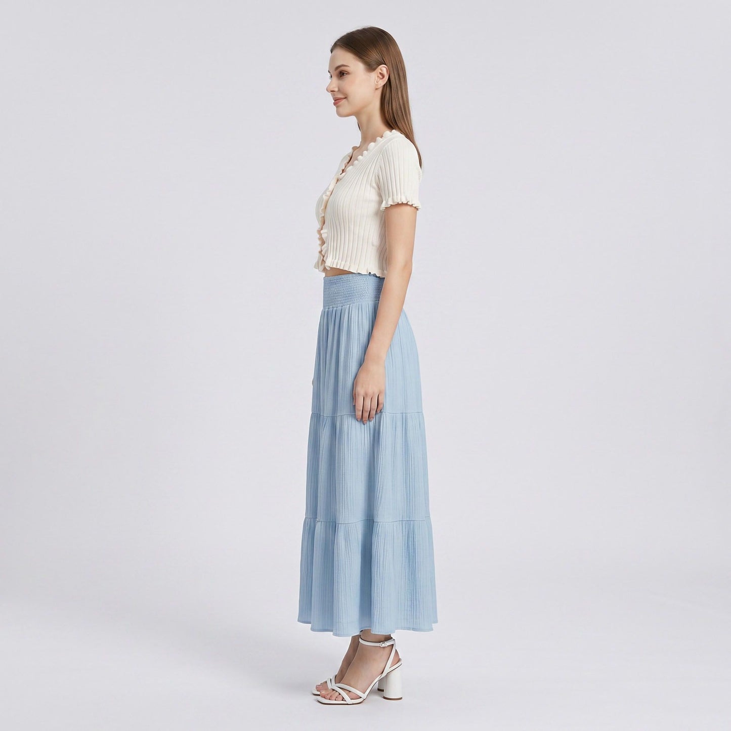 High Waist Smocked Tiered Maxi Skirt Boho Flowy Textured Long Skirt
