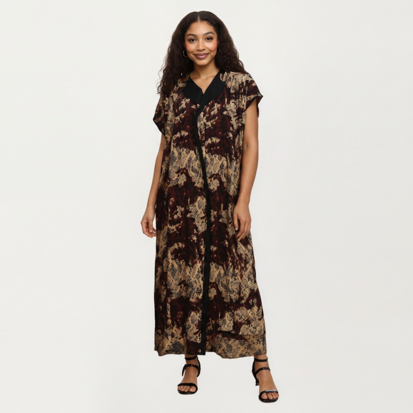 Abstract Print Maxi Kaftan Dress with Contrast Trim and Relaxed Flowy Silhouette