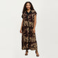 Abstract Print Maxi Kaftan Dress with Contrast Trim and Relaxed Flowy Silhouette