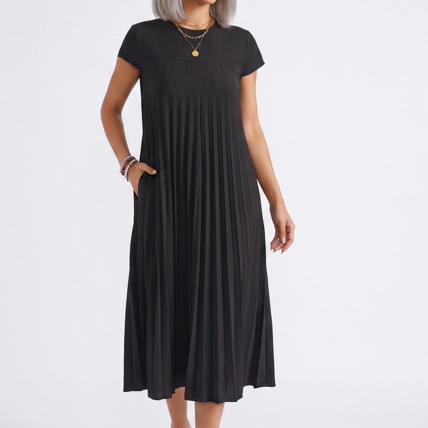 Crew Neck Short Sleeve Accordion Pleated Midi Dress