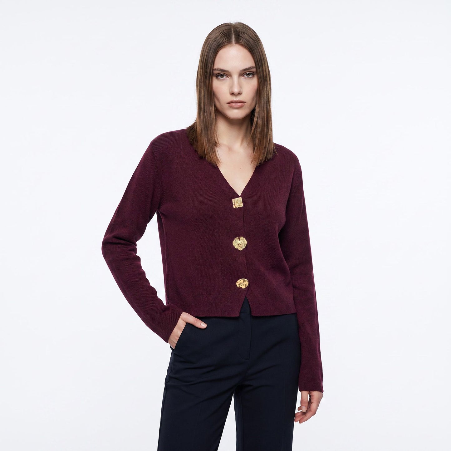V Neck Decorative Gold Button Knit Cardigan Sweater