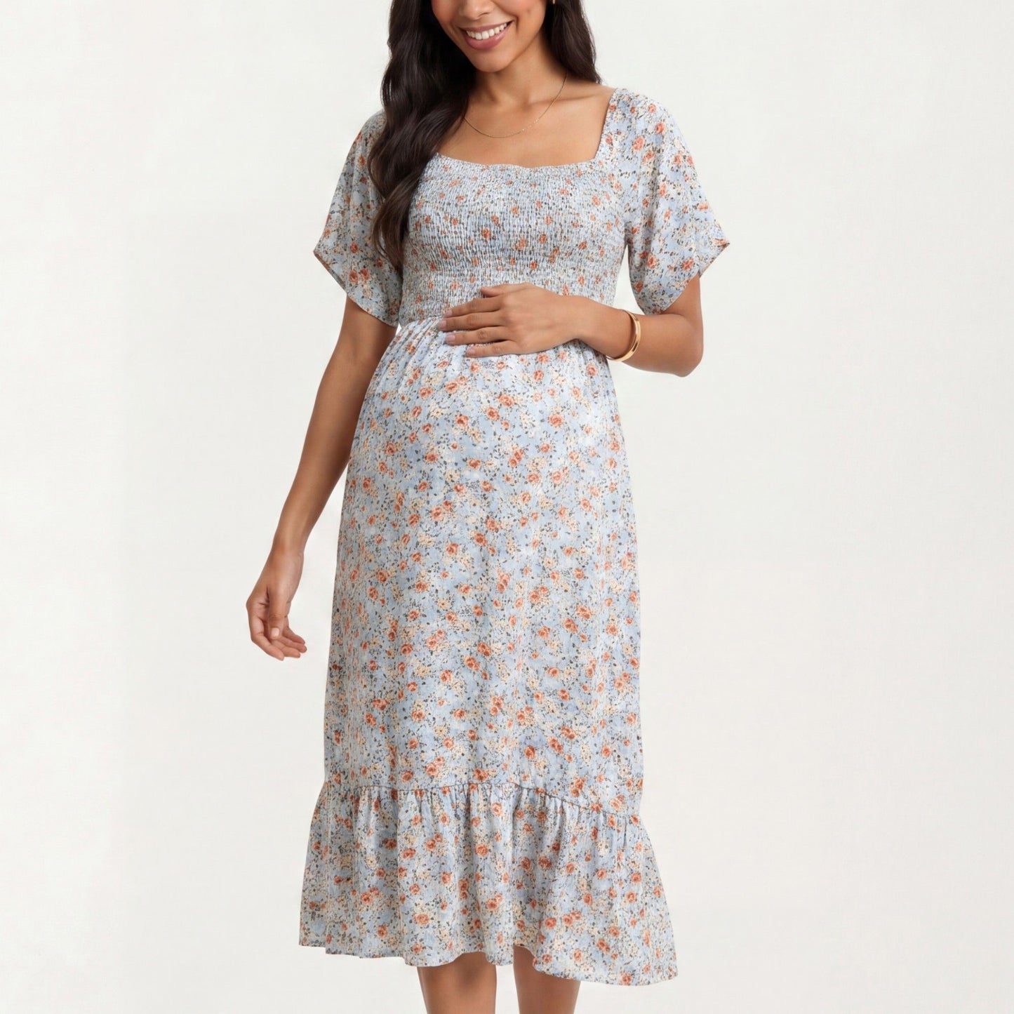 Maternity Floral Square Neck Midi Dress with Smocked Bodice and Flutter Sleeves