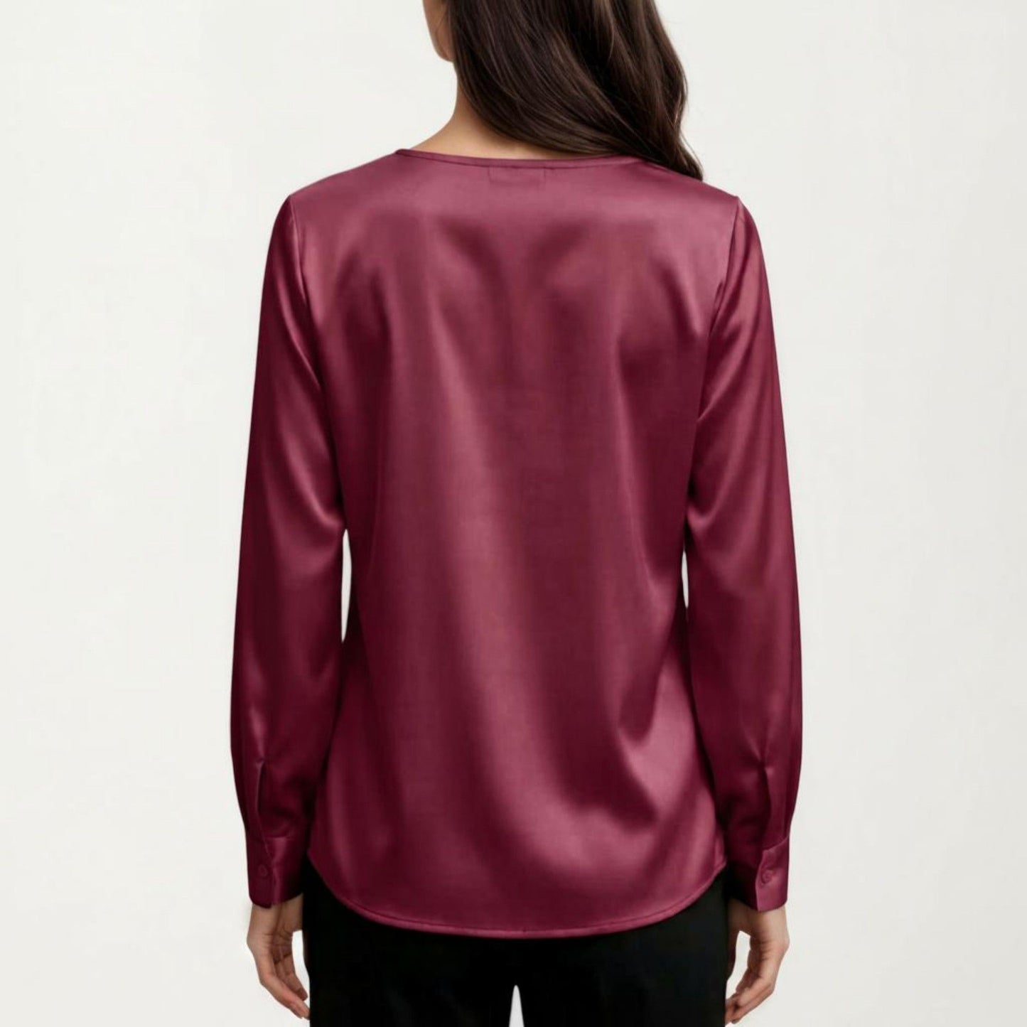 Satin V-Neck Blouse with Long Balloon Sleeves and Wide Cuffs