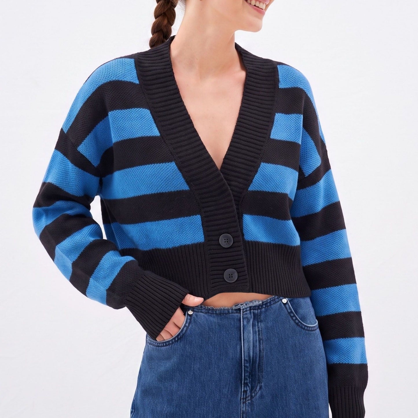Striped V-Neck Cropped Cardigan Sweater