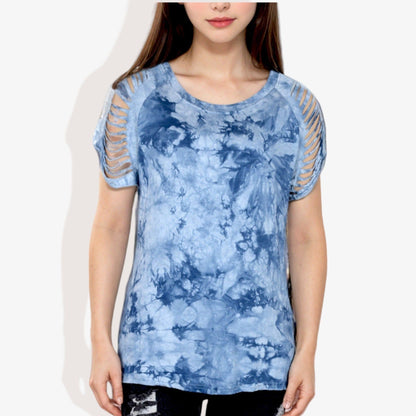 Short Sleeve Tie-Dye Top with Cut-Out Shoulder