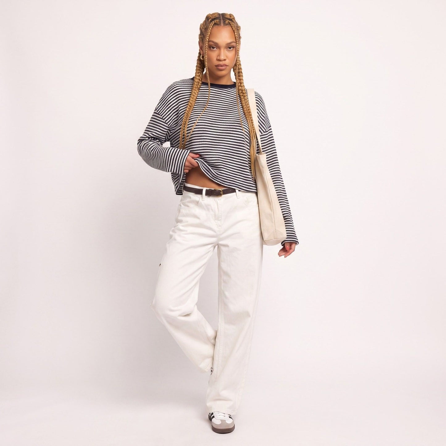 Striped Textured Knit Drop Shoulder Cropped Sweater