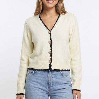 Contrast Scallop Trim V Neck Button Front Cardigan Sweater