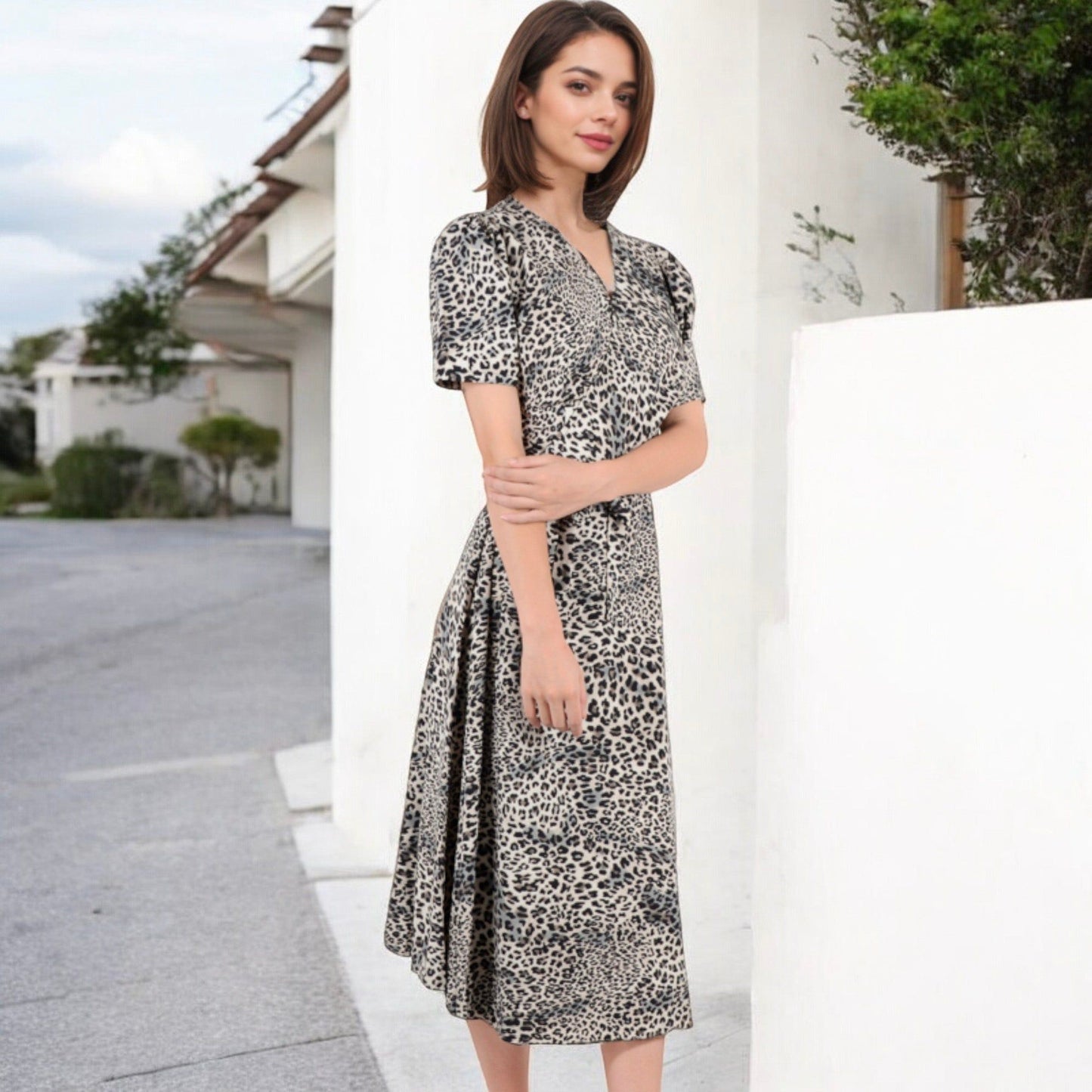 V-Neck Leopard Print Midi Dress with Short Sleeves Waist Tie