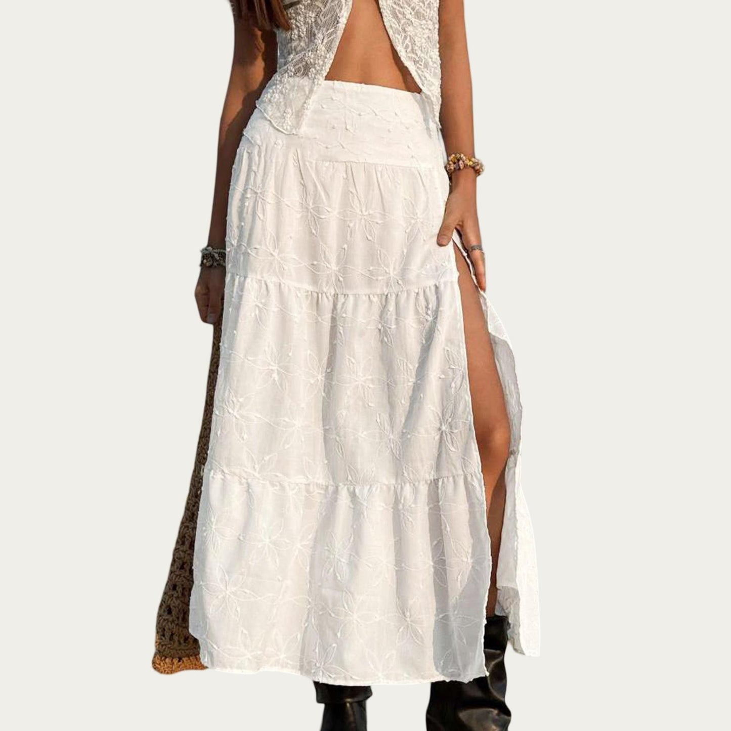 Embroidered Floral Tiered Maxi Skirt with Side Slit