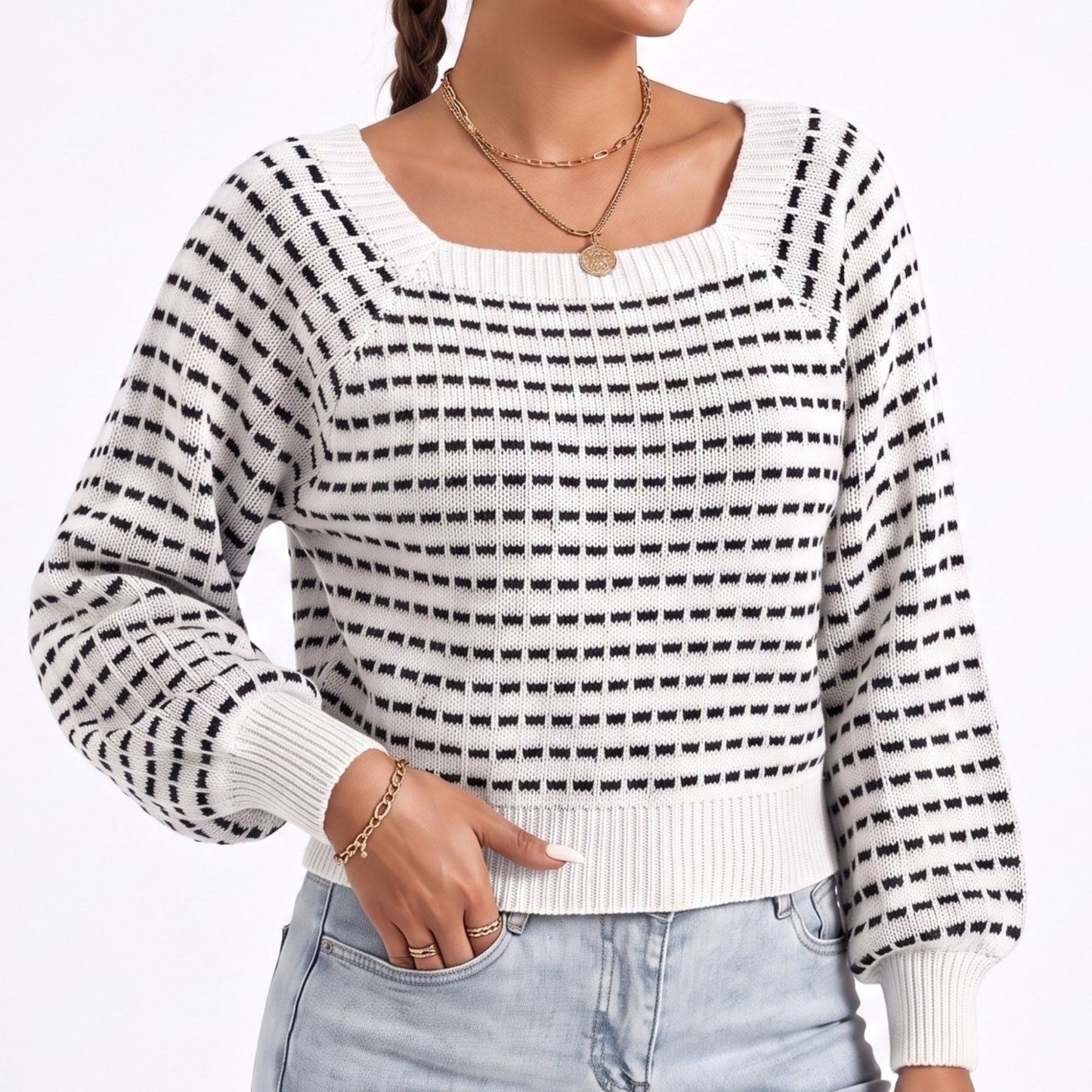 Square Neck Textured Stripe Balloon Sleeve Knit Sweater