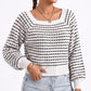 Square Neck Textured Stripe Balloon Sleeve Knit Sweater