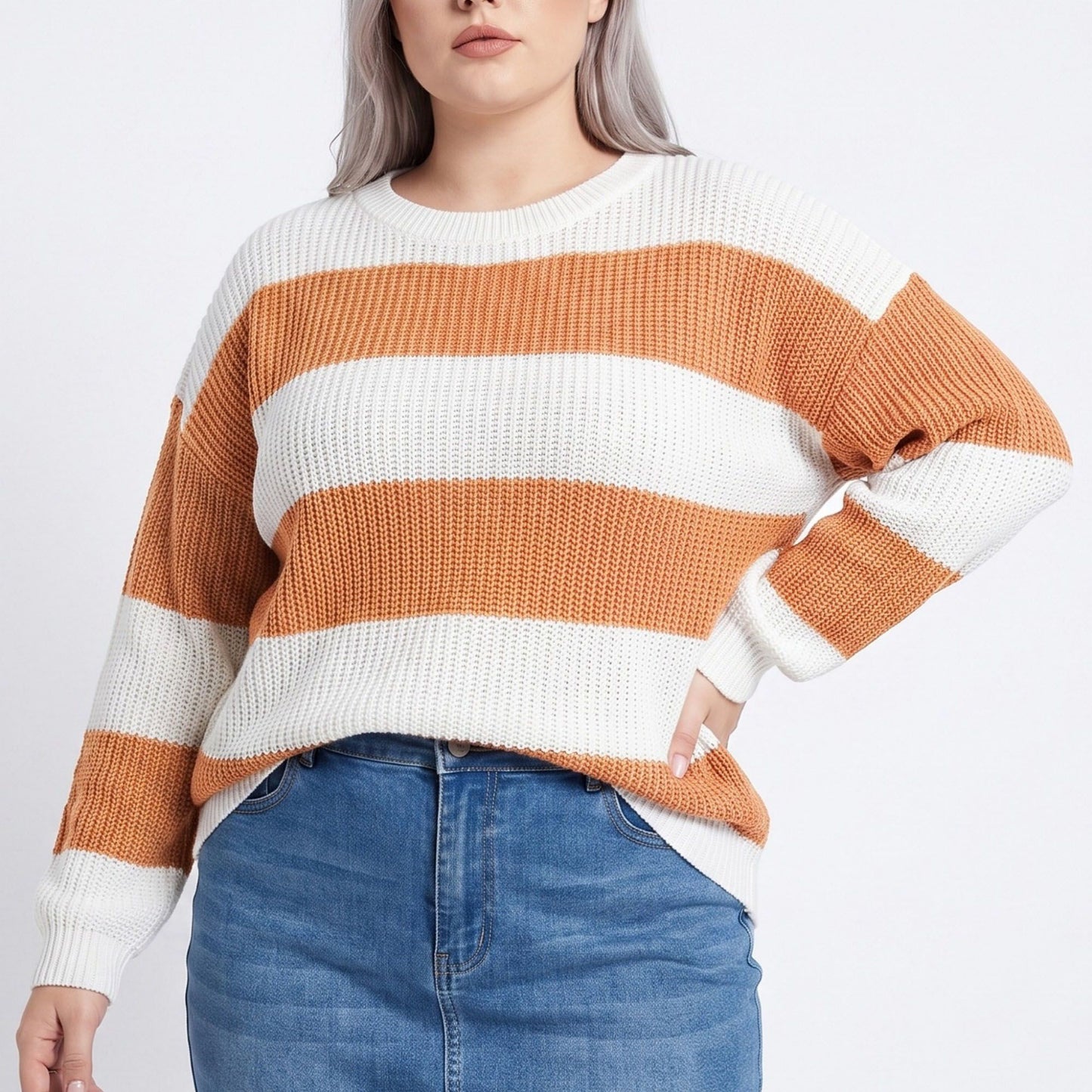Plus Size Striped Crewneck Relaxed Fit Sweater