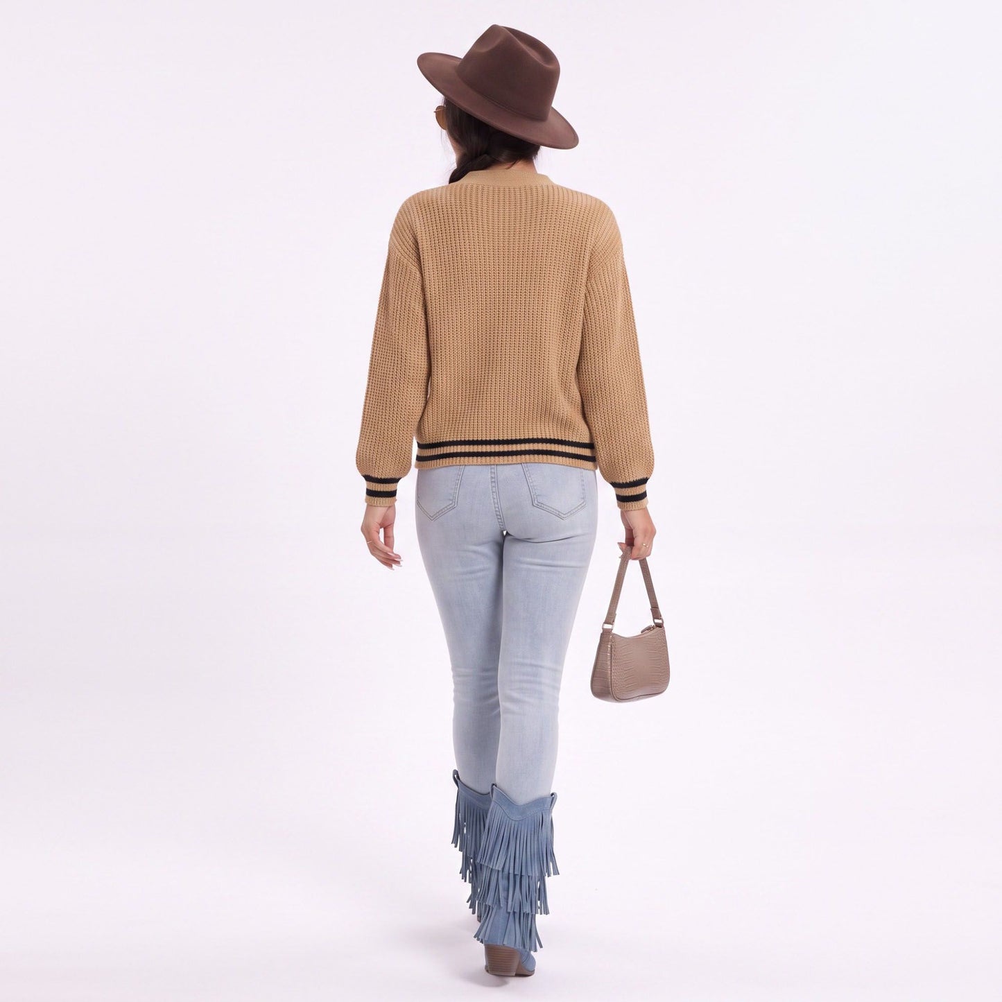 Cutout V Neck Cable Knit Long Sleeve Sweater with Contrast Stripe Trim